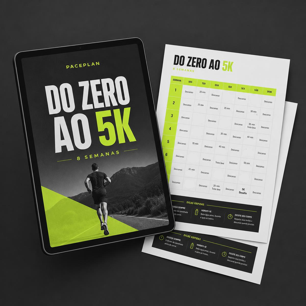 Mockup da planilha Do Zero Absoluto ao 5K em 8 semanas em tablet e folhas impressas