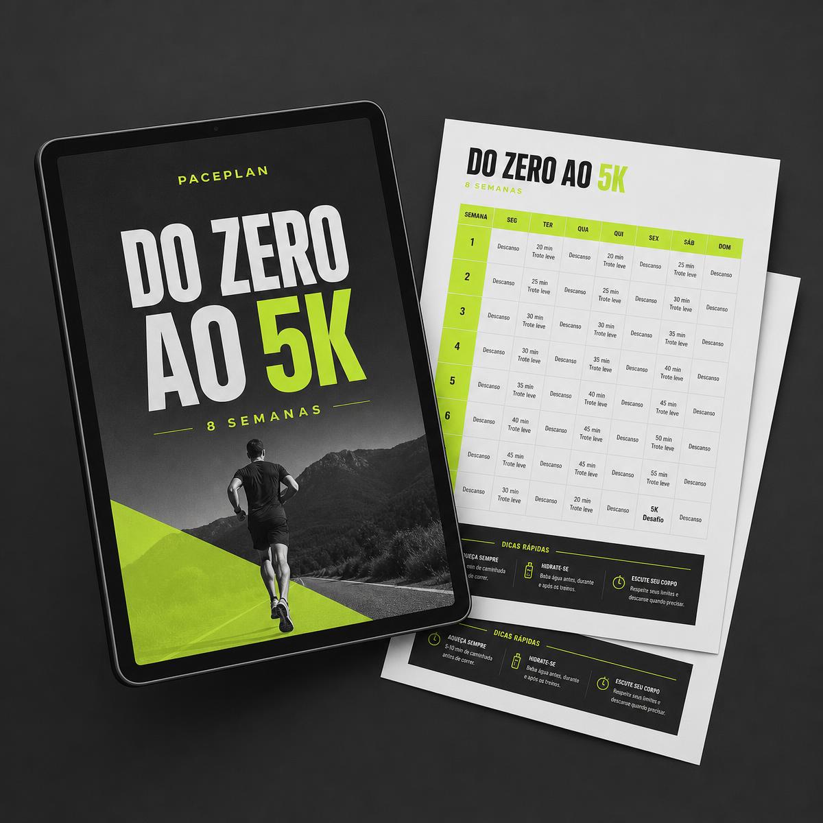 Mockup da planilha Do Zero Absoluto ao 5K em 8 semanas em tablet e folhas impressas